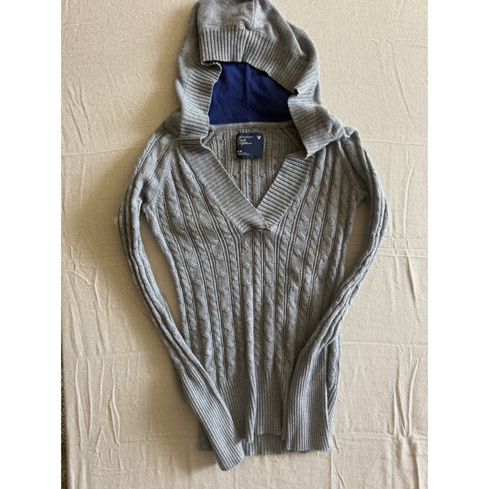 y2k american eagle Long Sleeve Hooded V Neck Cable Knit Sweater Medium